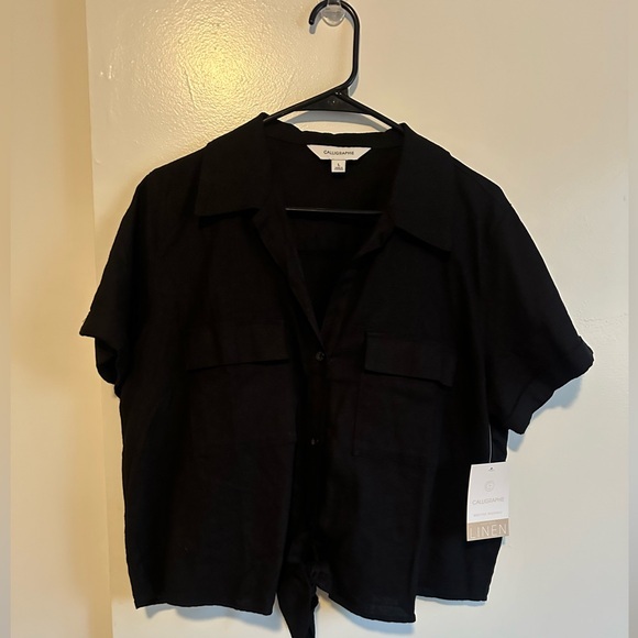 caligraphe Tops - Elegant Black Linen Blouse by Caligraphe